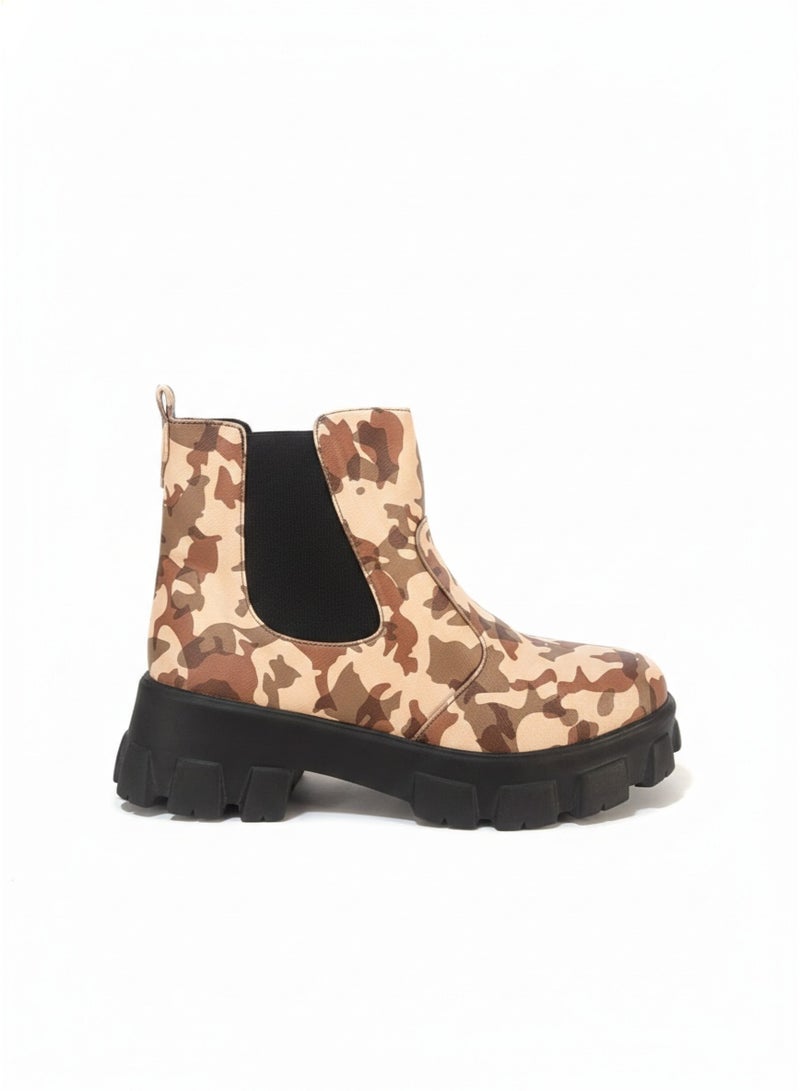 Stylish camouflage ankle boots with a bold